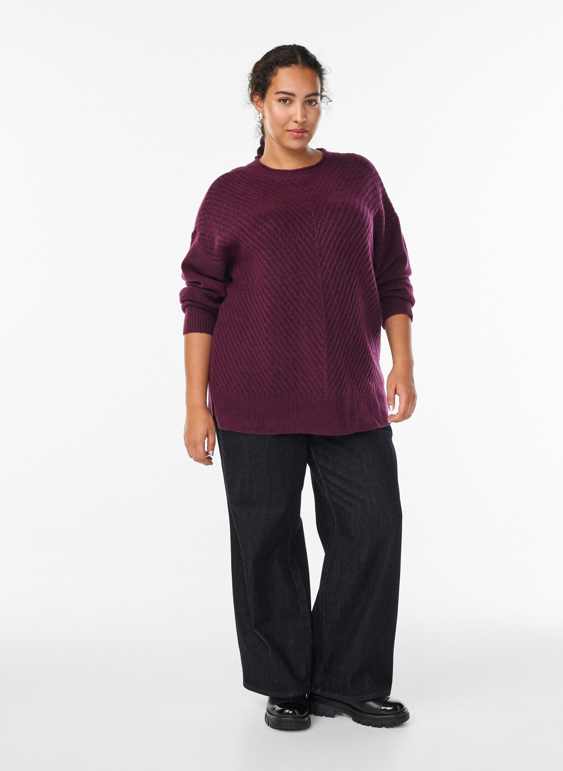 ZizziGebreide blouse met V-vormig geribd patroon en zijsplitjes, Paars, Model image number 1