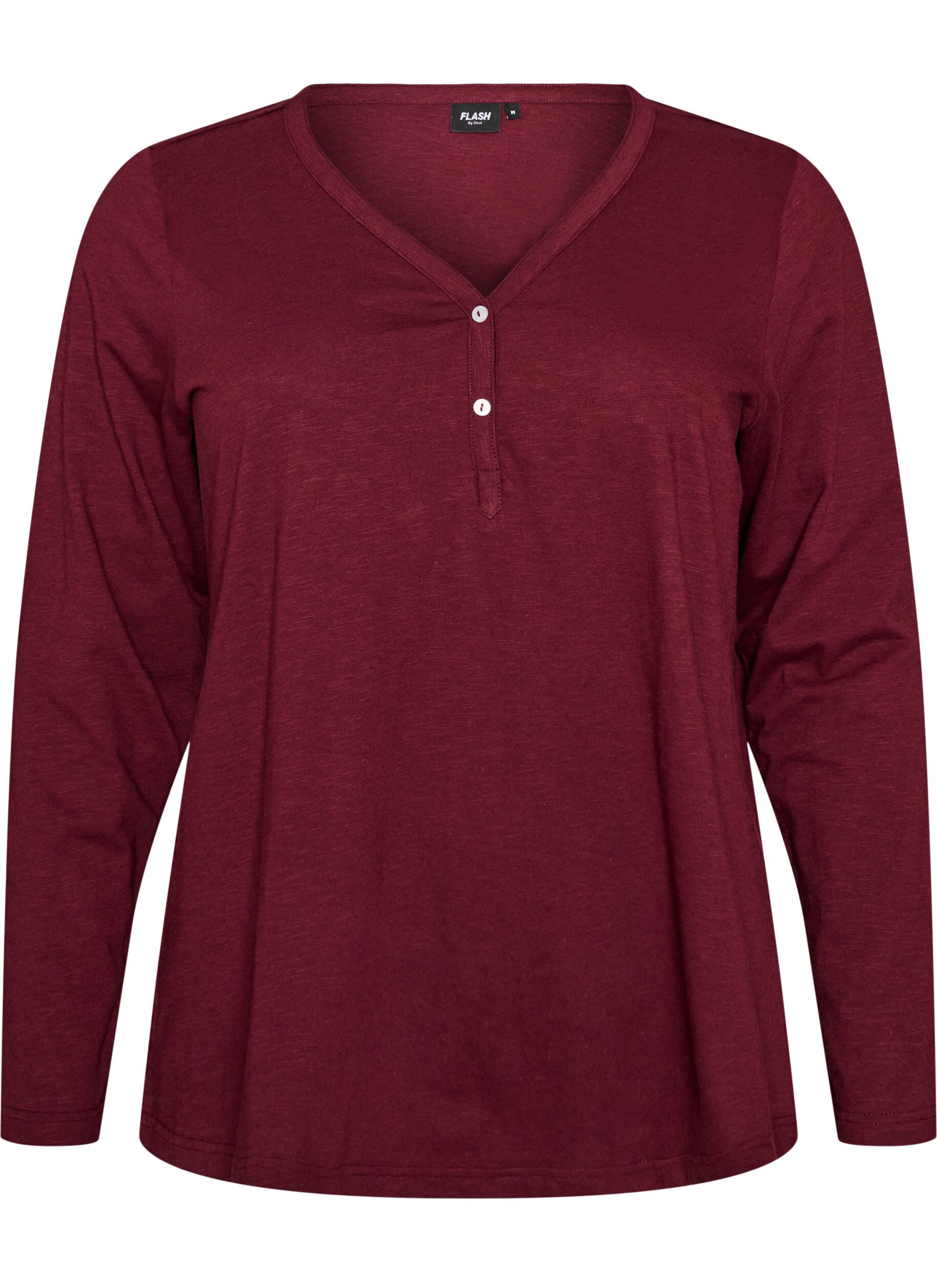 ZizziT-shirt &agrave; manches longues avec col V et boutons, Bordeaux, Packshot image number 0