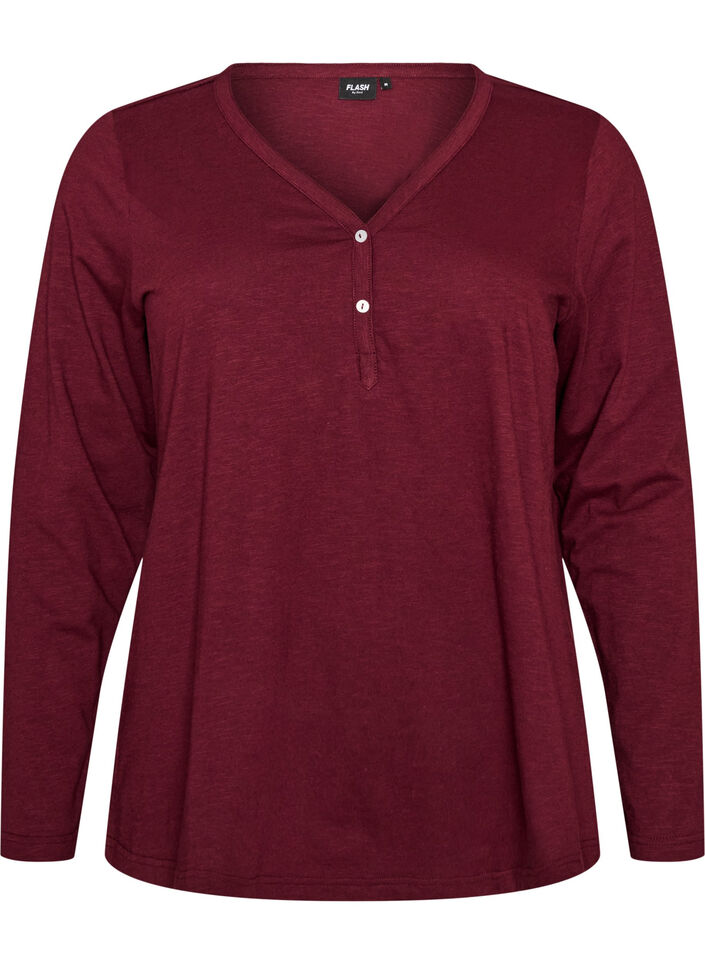 T-shirt &agrave; manches longues avec col V et boutons, Bordeaux, Packshot image number 0