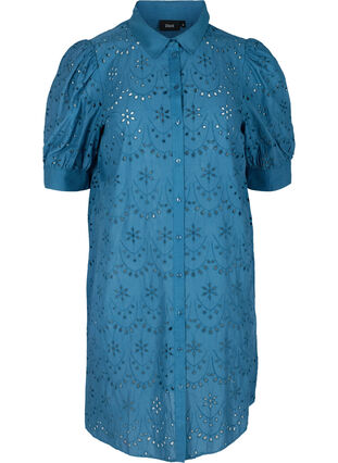Katoenen jurk met borduursel anglaise en pofmouwen, Midnight, Packshot image number 0
