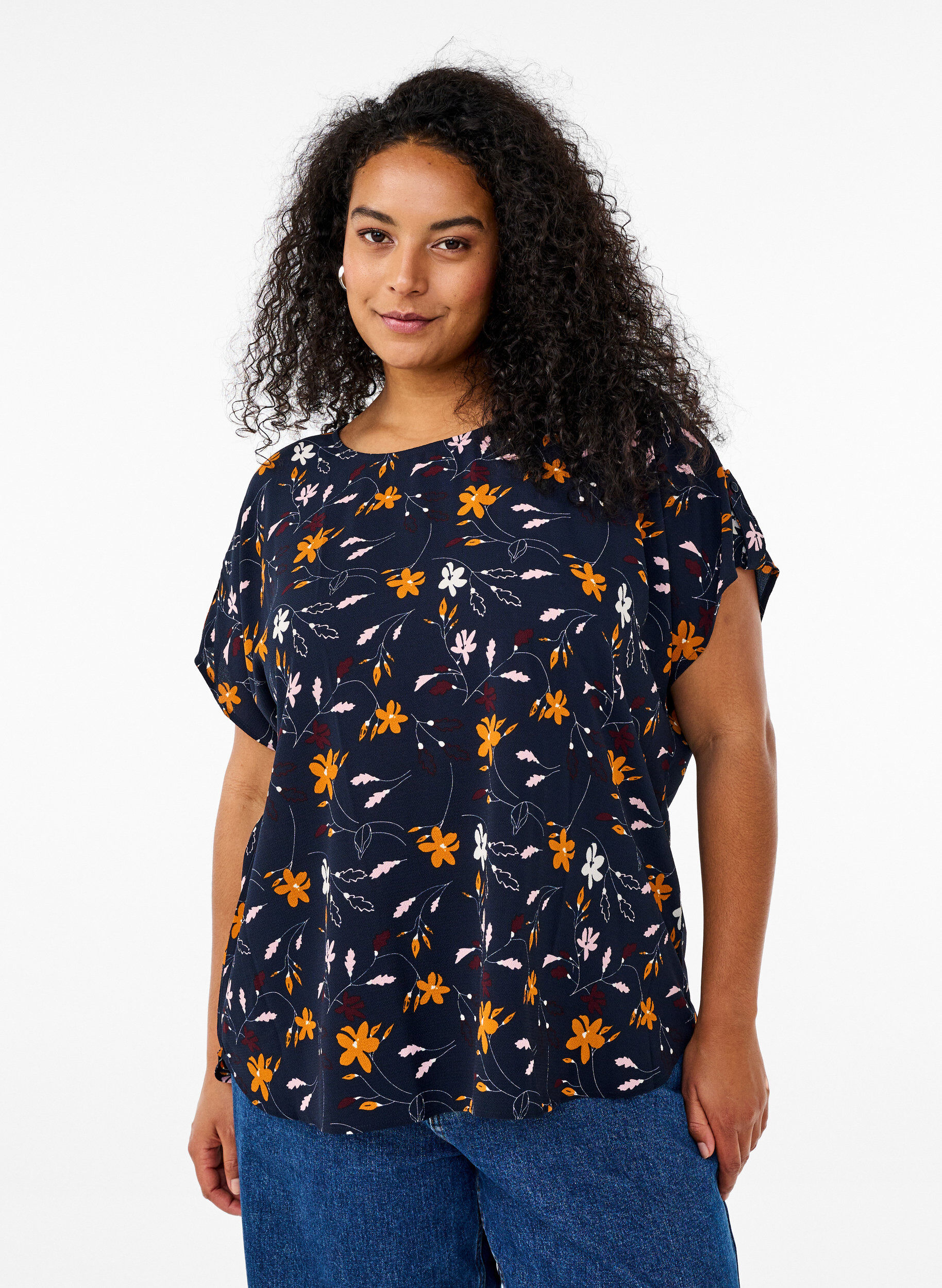 ZizziBlouse met korte mouwen en print, Sky Captain Flower, Model image number 0