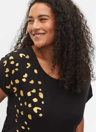 T-shirt à manches courtes en viscose avec imprimé dorée, Black Gold , Model image number 2