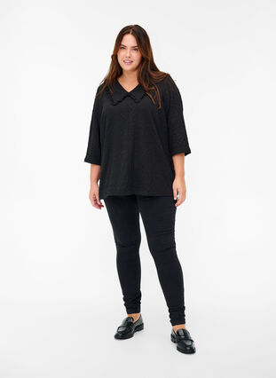 Geruite blouse met 3/4-mouwen en kraag met ruches, Black, Model image number 3