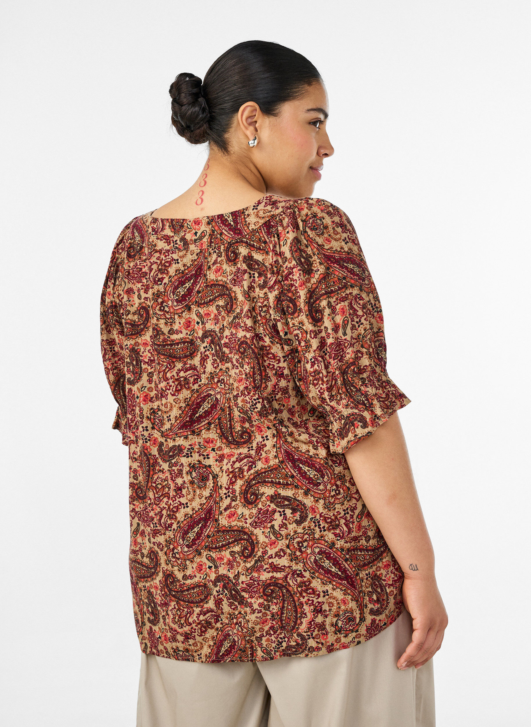 ZizziViscose blouse met paisleymotief en een vierkante halslijn, Bruin, Model image number 2