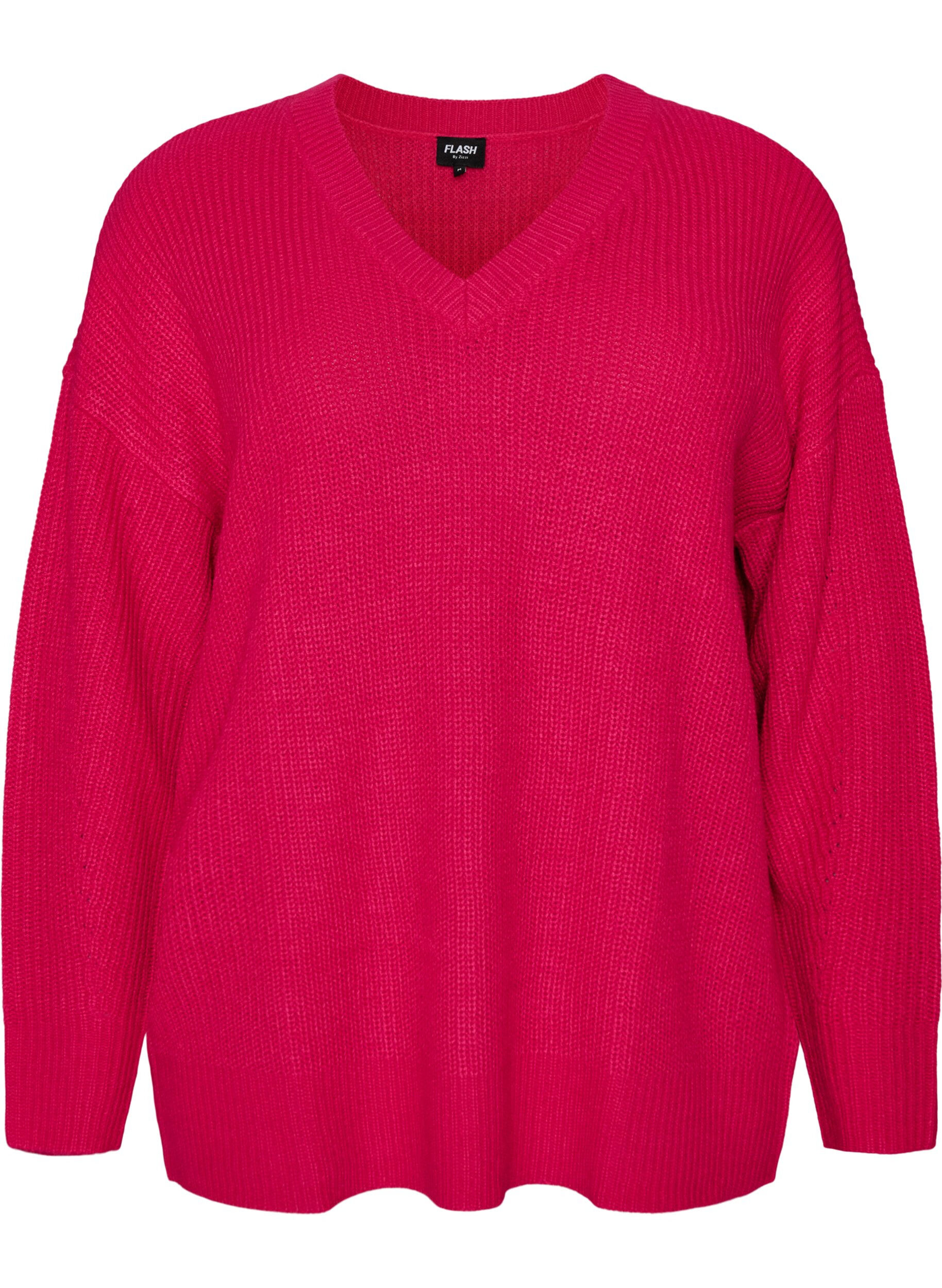 ZizziLange ribgebreide blouse met V-hals, Roze, Packshot image number 0