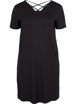 Viscose jurk met rugdetail en korte mouwen, Black, Packshot image number 0