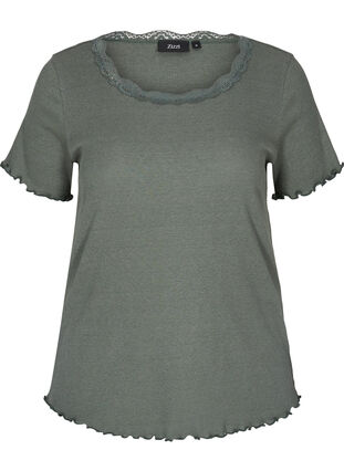 T-shirt côtelé à manches courtes avec bordure en dentelle, Balsam Green, Packshot image number 0