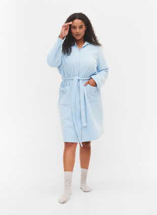 Robe de chambre avec fermeture éclair et capuche, Cashmere Blue, Model image number 2