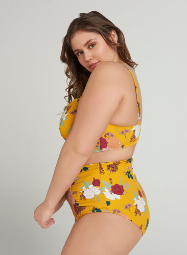 Bas de bikini taille haute à imprimé fleuri, Yellow Flower Print, Model image number 0