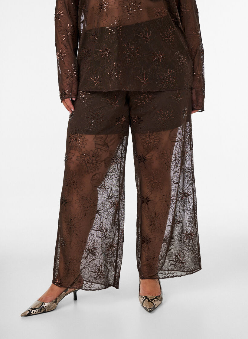 Pantalon en maille avec broderies florales et sequins, Marron, Model image number 2