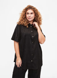 Chemise longue avec motif texturé, Black, Model