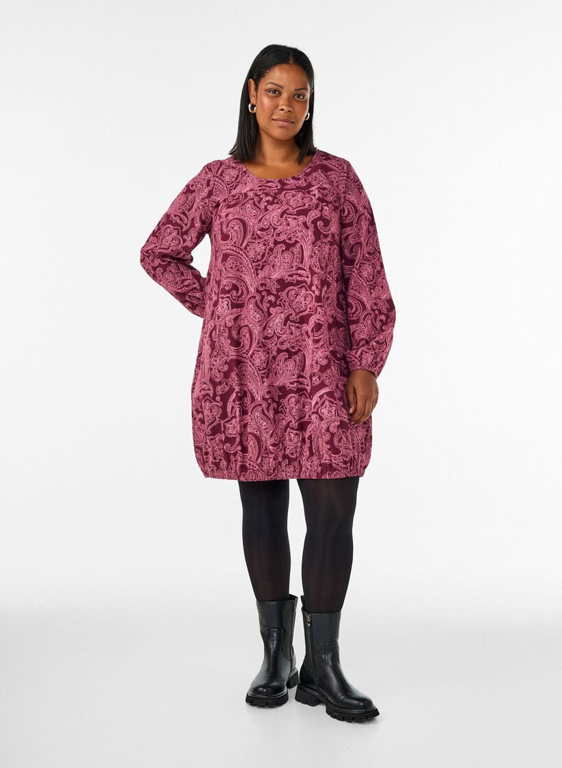 Robe courte en coton avec un ourlet &eacute;lastique et des manches longues, Bordeaux fonc&eacute;, Model image number 1