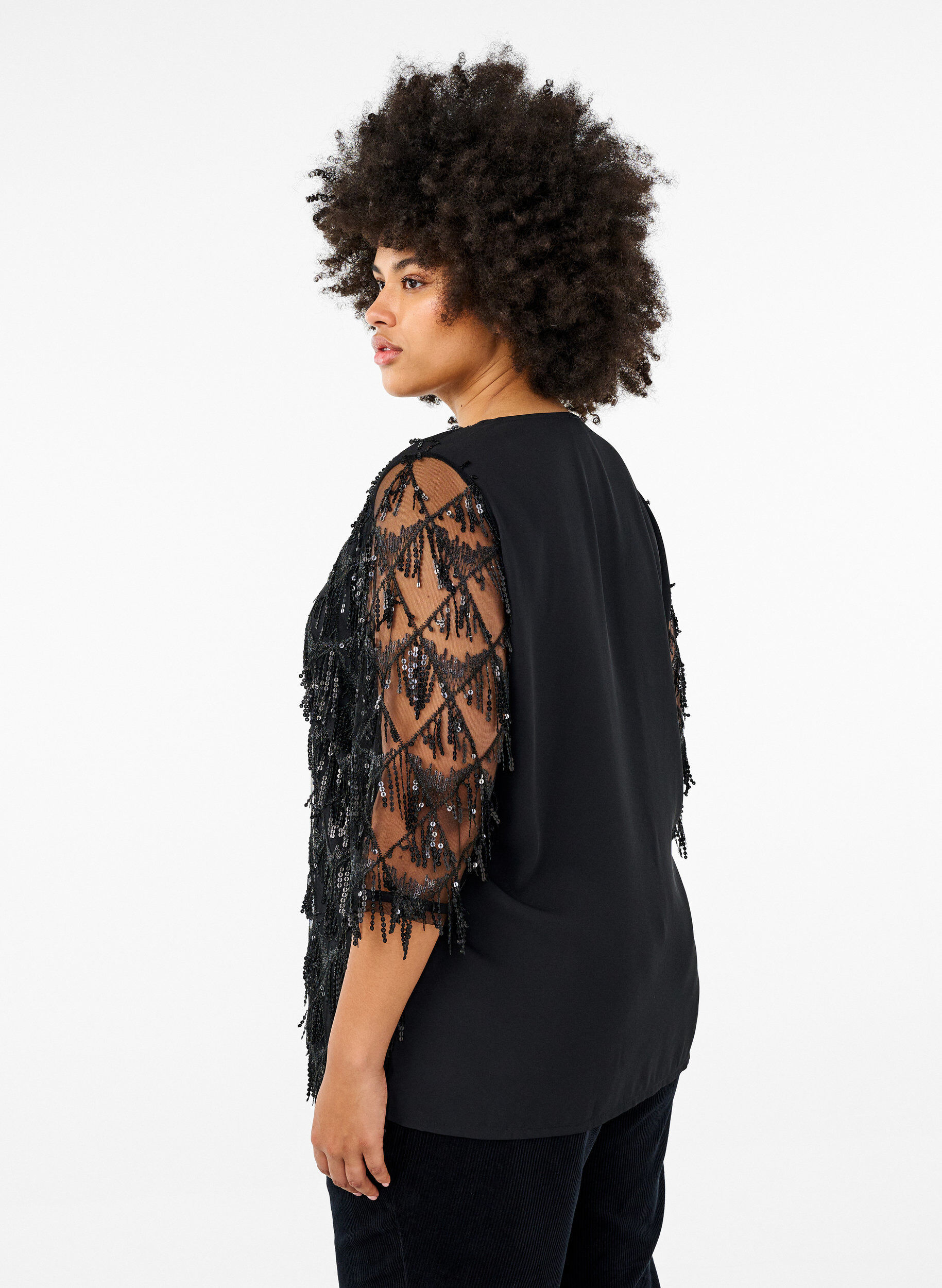 ZizziParty blouse met pailletten franjes en 3/4 mouwen, Black, Model image number 1