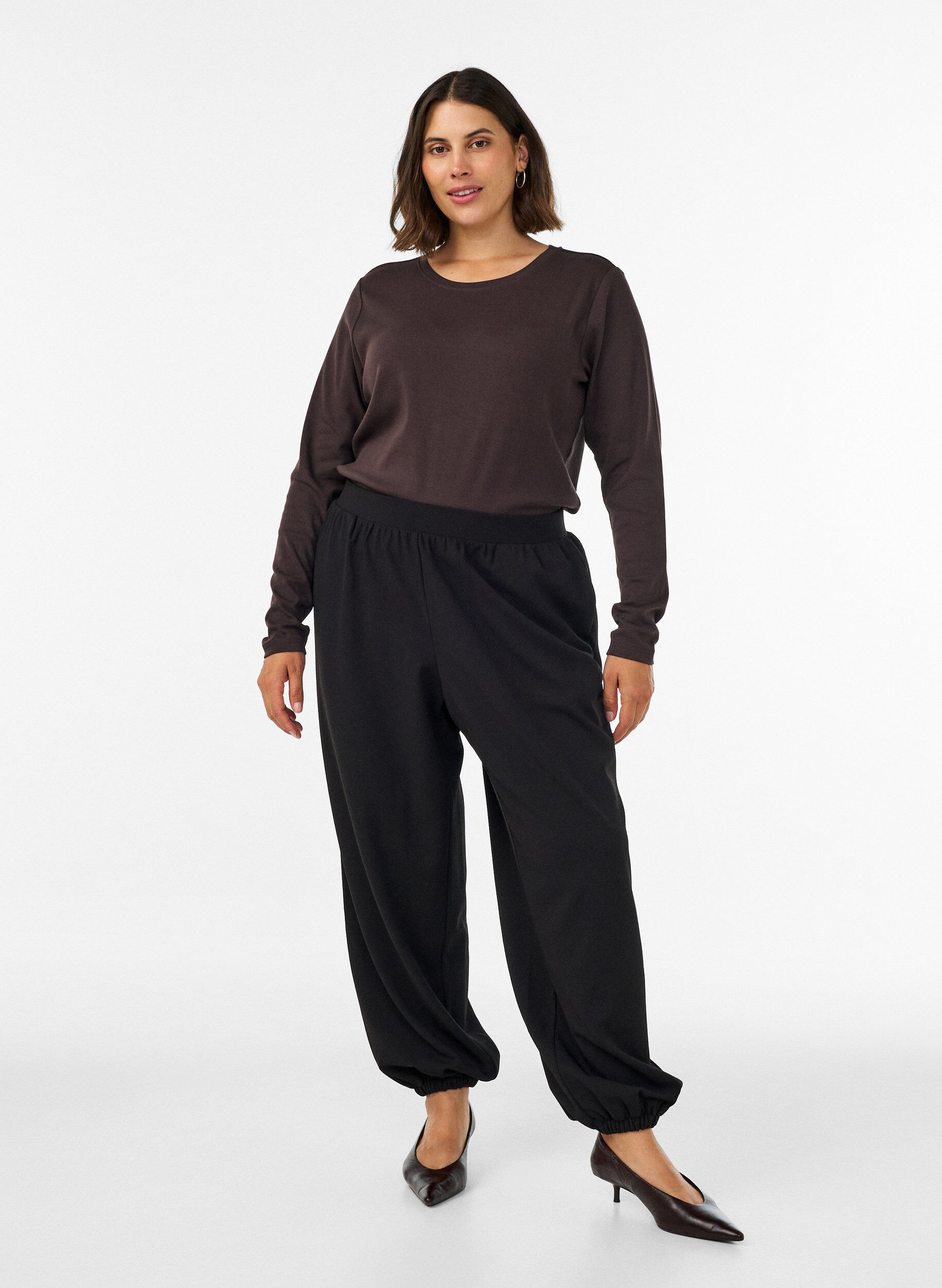 ZizziBasic T-shirt met lange mouwen en ronde hals, Bruin, Model image number 1