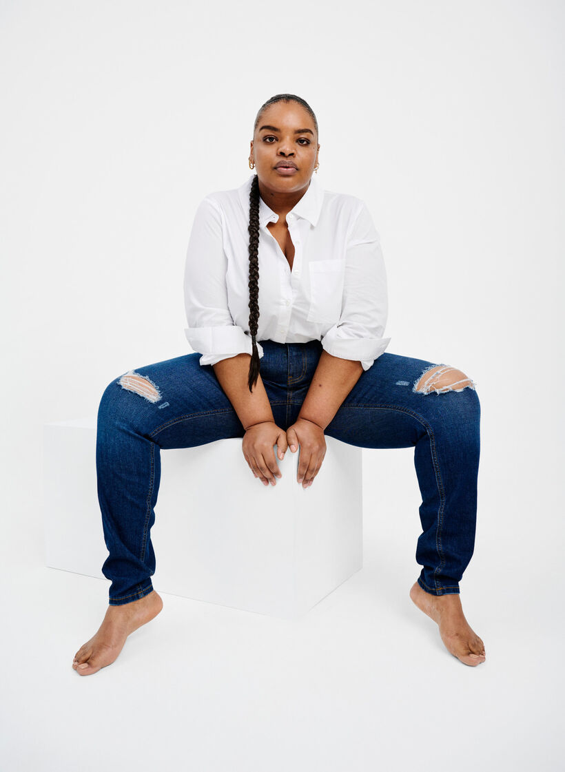 Super slanke destroyed Amy jeans met hoge taille, Dark blue, Image image number 1