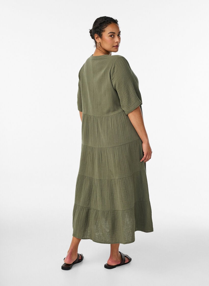 Robe midi coupe &eacute;vas&eacute;e en mousseline de coton, Vert, Model image number 1