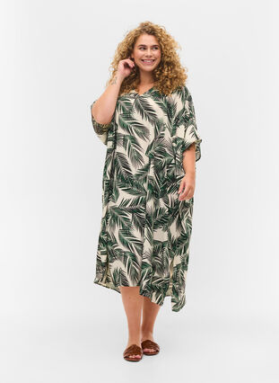 Bedrukte kaftan viscose jurk, Green Leaf, Model image number 2