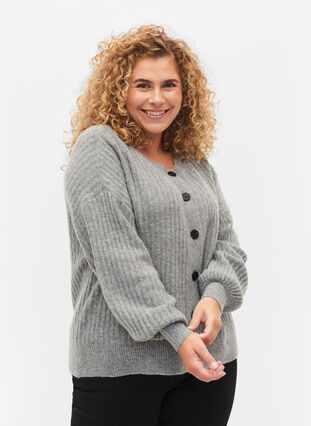 Cardigan en laine à boutons, Medium Grey Melange, Model image number 0
