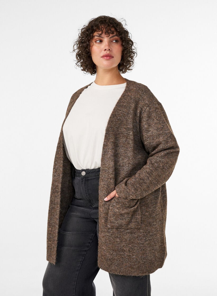 Cardigan long avec poches, Marron, Model image number 0