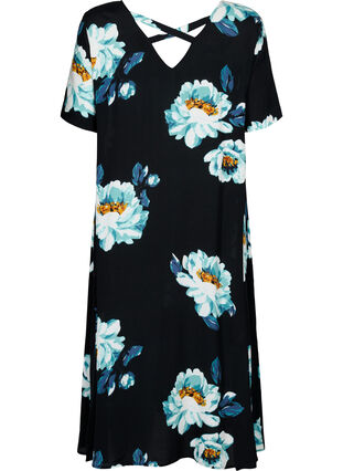 Gebloemde jurk met korte mouwen in viscose, Black Big Flower, Packshot image number 1
