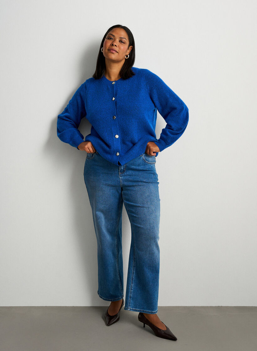 Cardigan in zacht breisel met goudkleurige knopen, Turquoise, Model image number 1