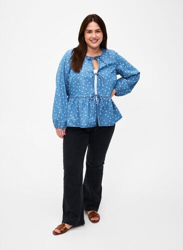 Denim peplum blouse met striksluiting, Light Blue w.Flowers, Image image number 0
