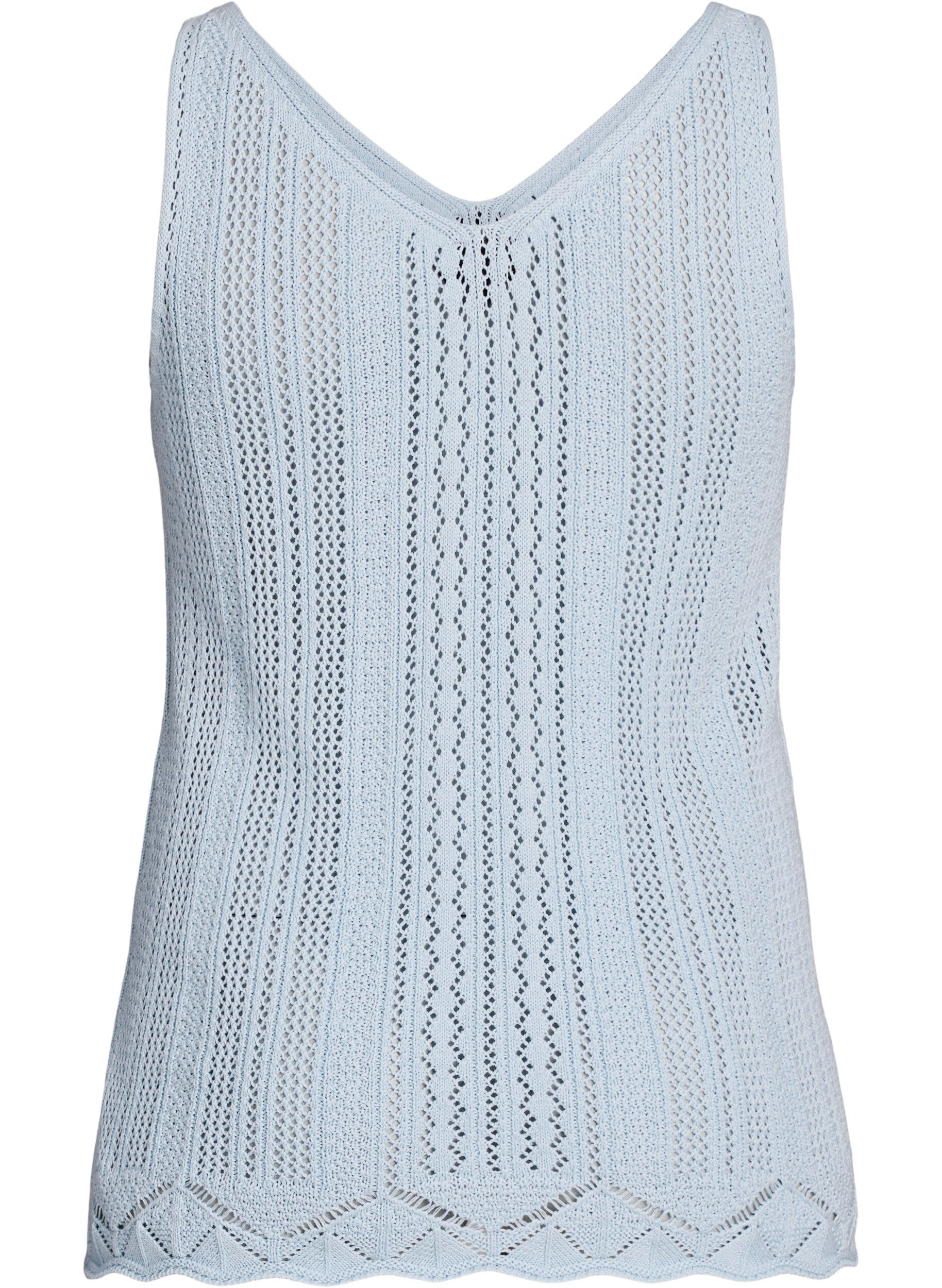 Zizzi Top en maille avec broderie ajour&eacute;e et col V, Bleu Clair, Packshot image number 1