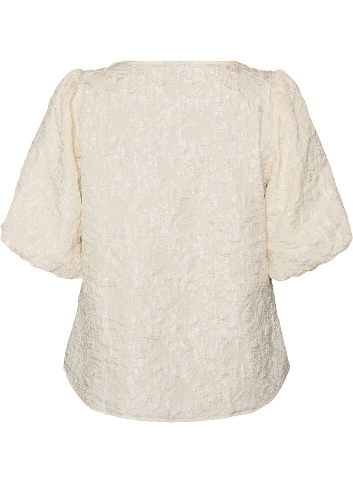 Blouse en jacquard avec des manches bouffantes et une coupe &eacute;vas&eacute;e, Vanille, Packshot image number 1