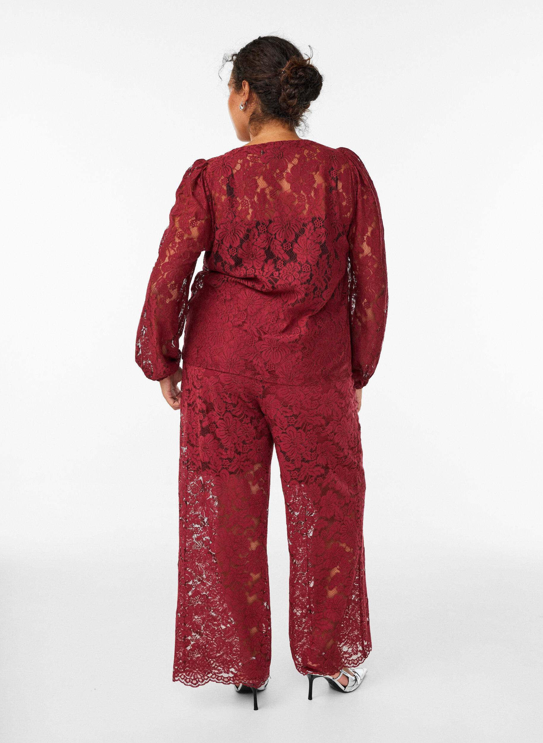 ZizziKanten broek met hoge taille en zakken, Donker Bordeaux, Model image number 1