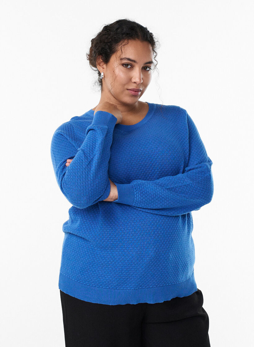 Blouse en maille de coton avec motif texturé, Bleu, Model image number 0