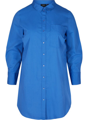 Lange katoenen blouse met borstzakje, Dazzling Blue, Packshot image number 0