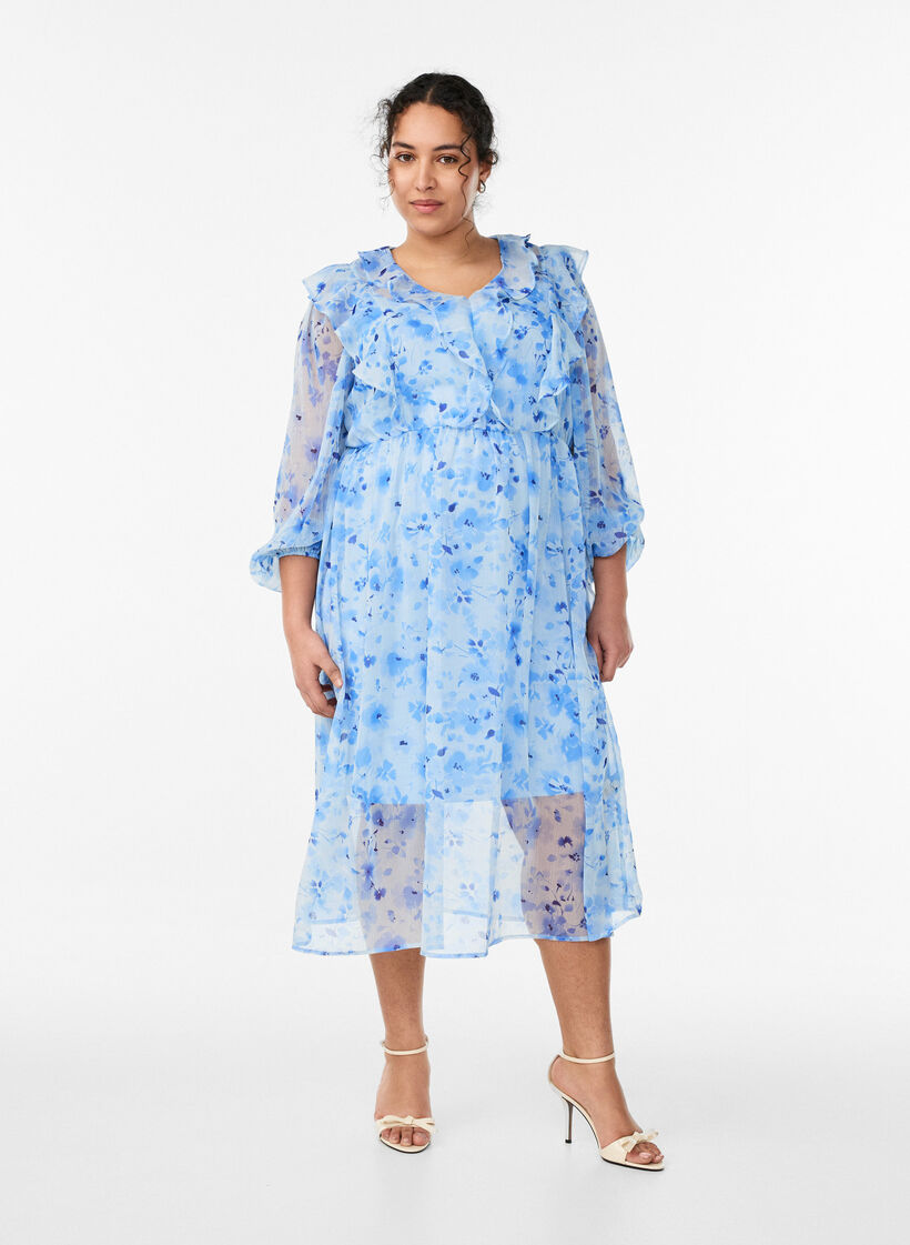 Chiffonjurk met bloemenprint, ruches en lange mouwen, Blauw, Model image number 0