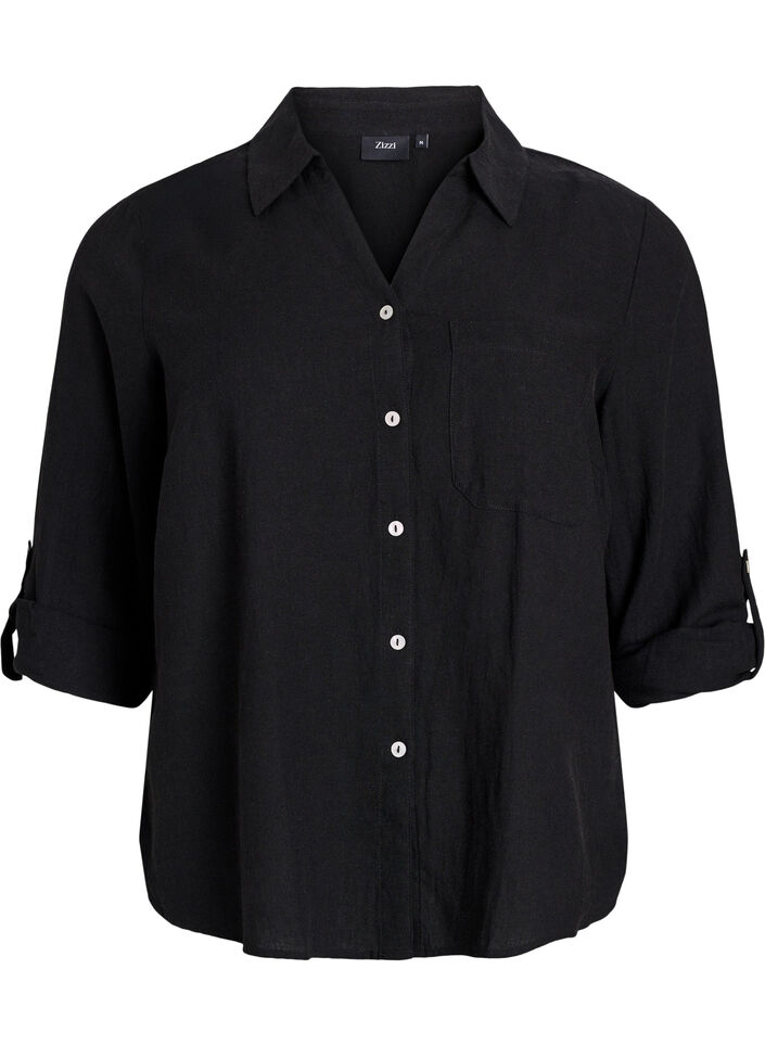 Linnen en viscose shirt met 3/4 mouwen, Zwart, Packshot image number 0