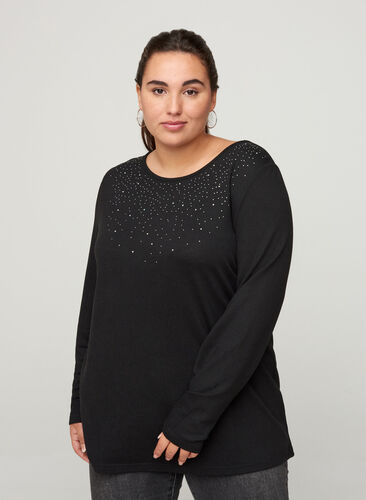 Robe fleurie à manches longues, Black w. Shiny Studs, Model image number 0