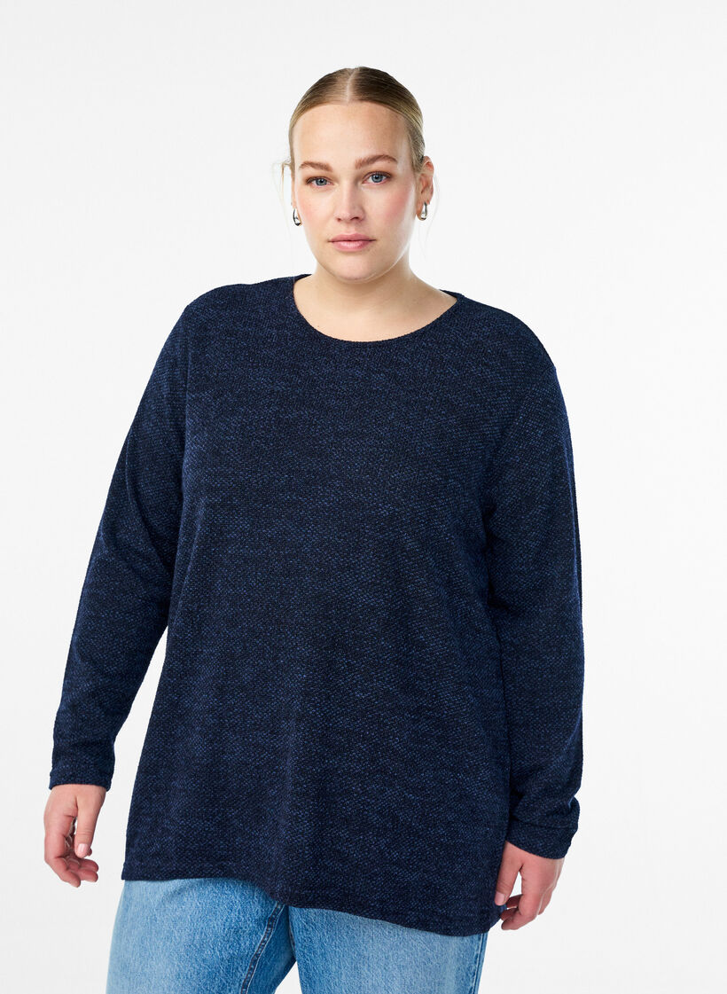 Blouse met lange mouwen en structuur, Blauw, Model image number 0
