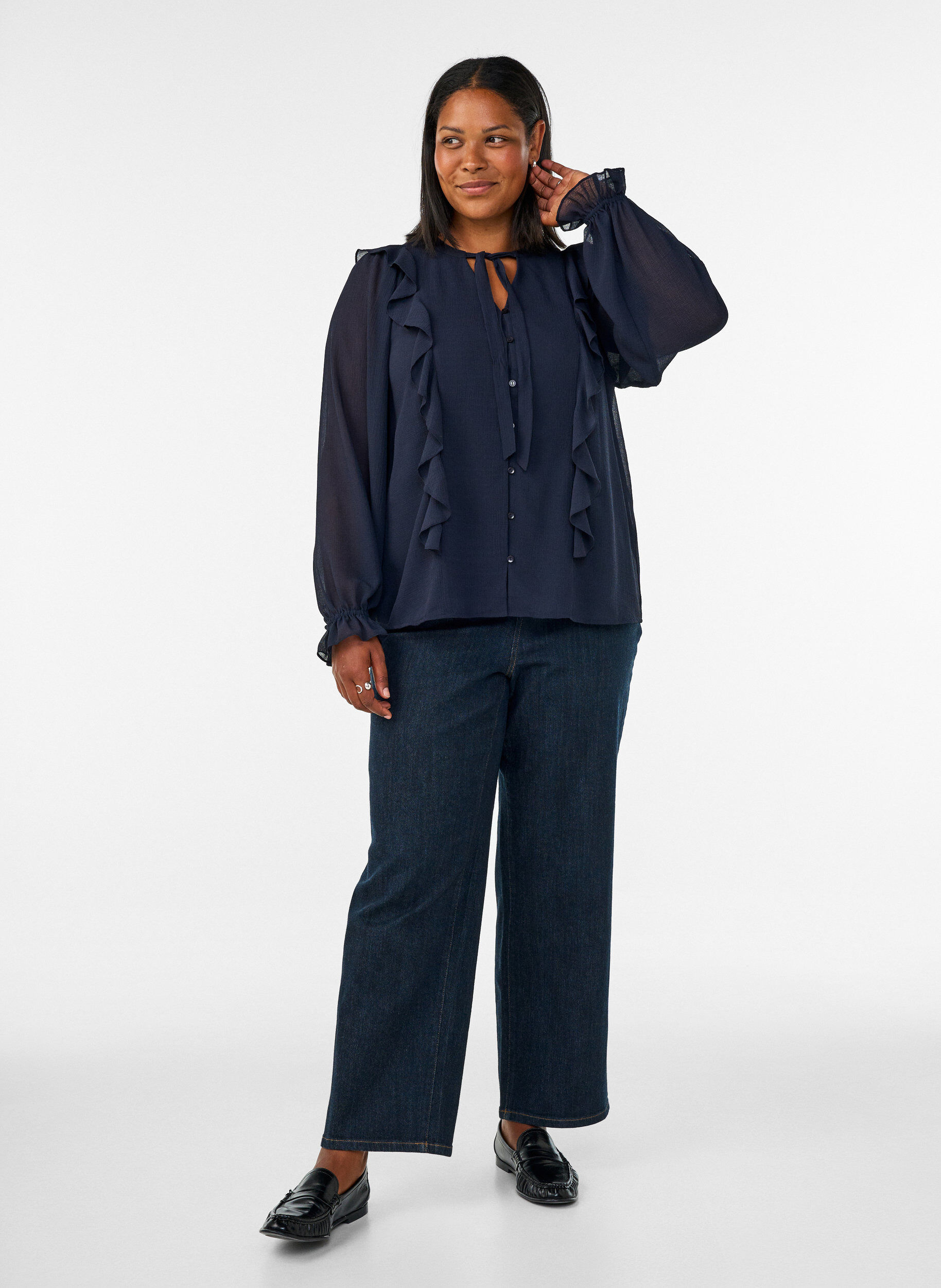 ZizziTransparante blouse met ruches en striksluiting, Blauw, Model image number 1