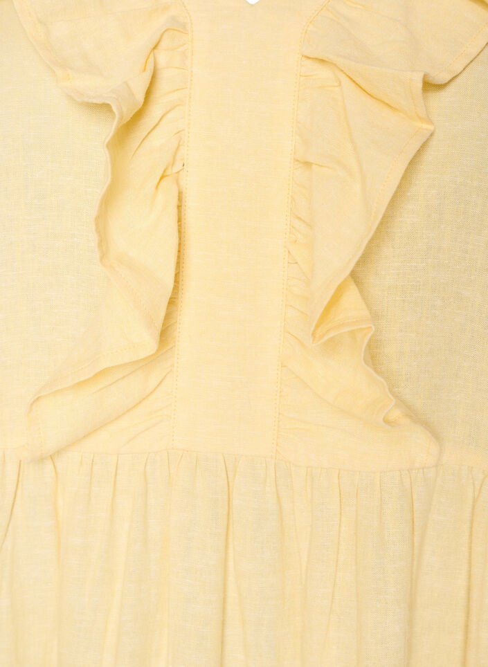 Mouwloze midi jurk in linnen en viscose met ruches, Geel, Packshot image number 2