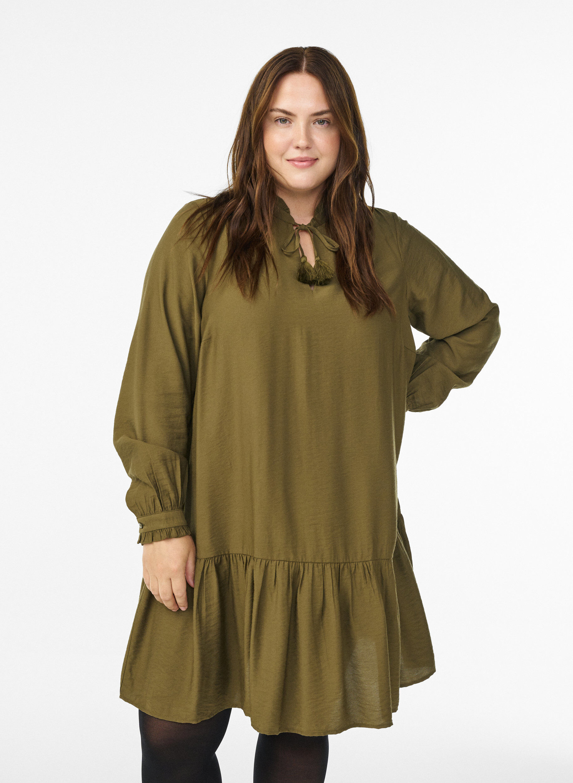 ZizziKorte A-lijn jurk met ruches, Groen, Model image number 0