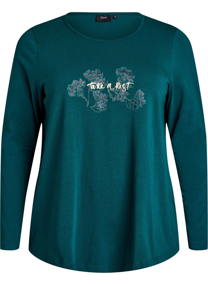 Haut de nuit en coton avec imprim&eacute; sur le devant, Turquoise, Packshot image number 0
