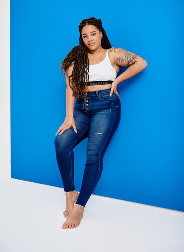 Amy jeans met hoge taille en knopen, Blue denim, Image image number 0