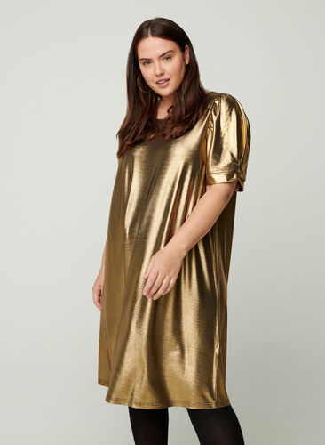 Robe trapèze à manches courtes bouffantes, Gold, Model image number 0