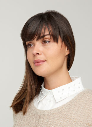 losse effen blouse kraag met parels, Bright White, Model image number 0