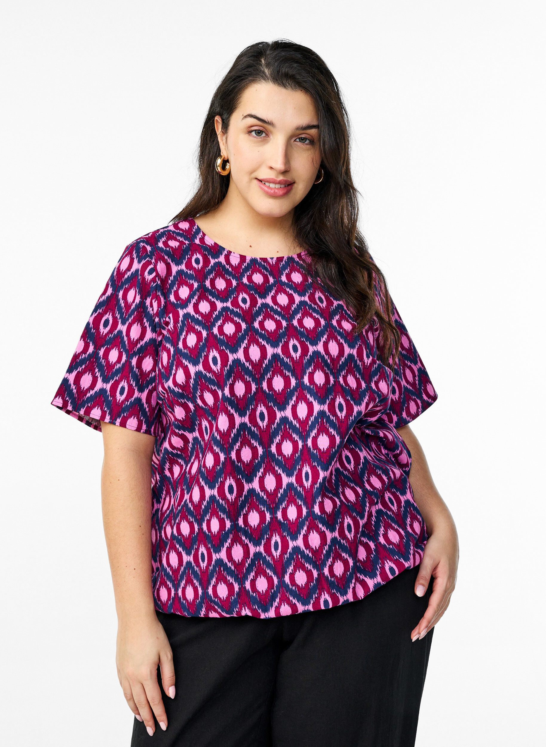 ZizziKatoenen blouse met print en korte mouwen, Roze, Model image number 0