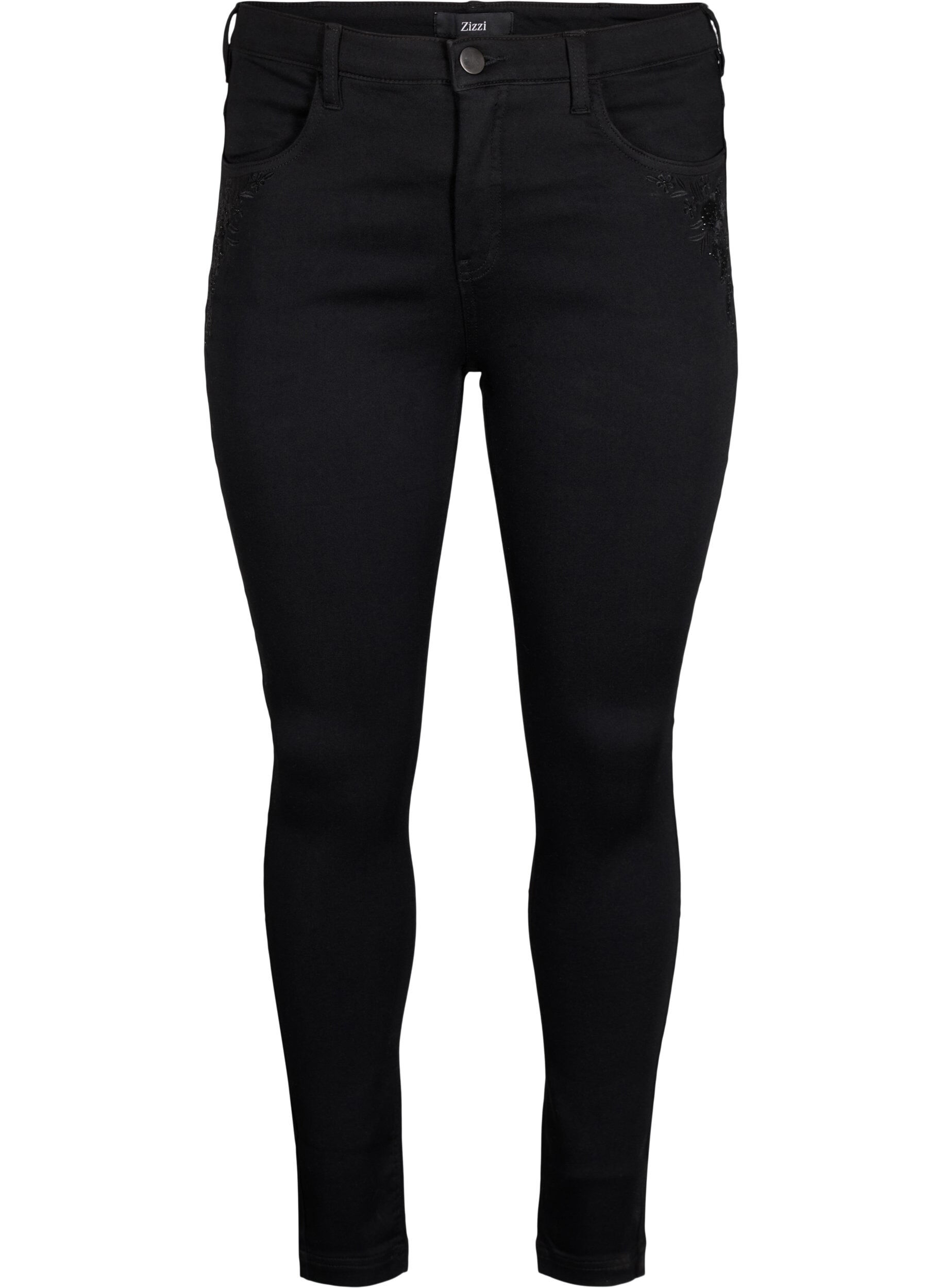 ZizziSuper slim Amy jeans met borduurdetail, Black, Packshot image number 0