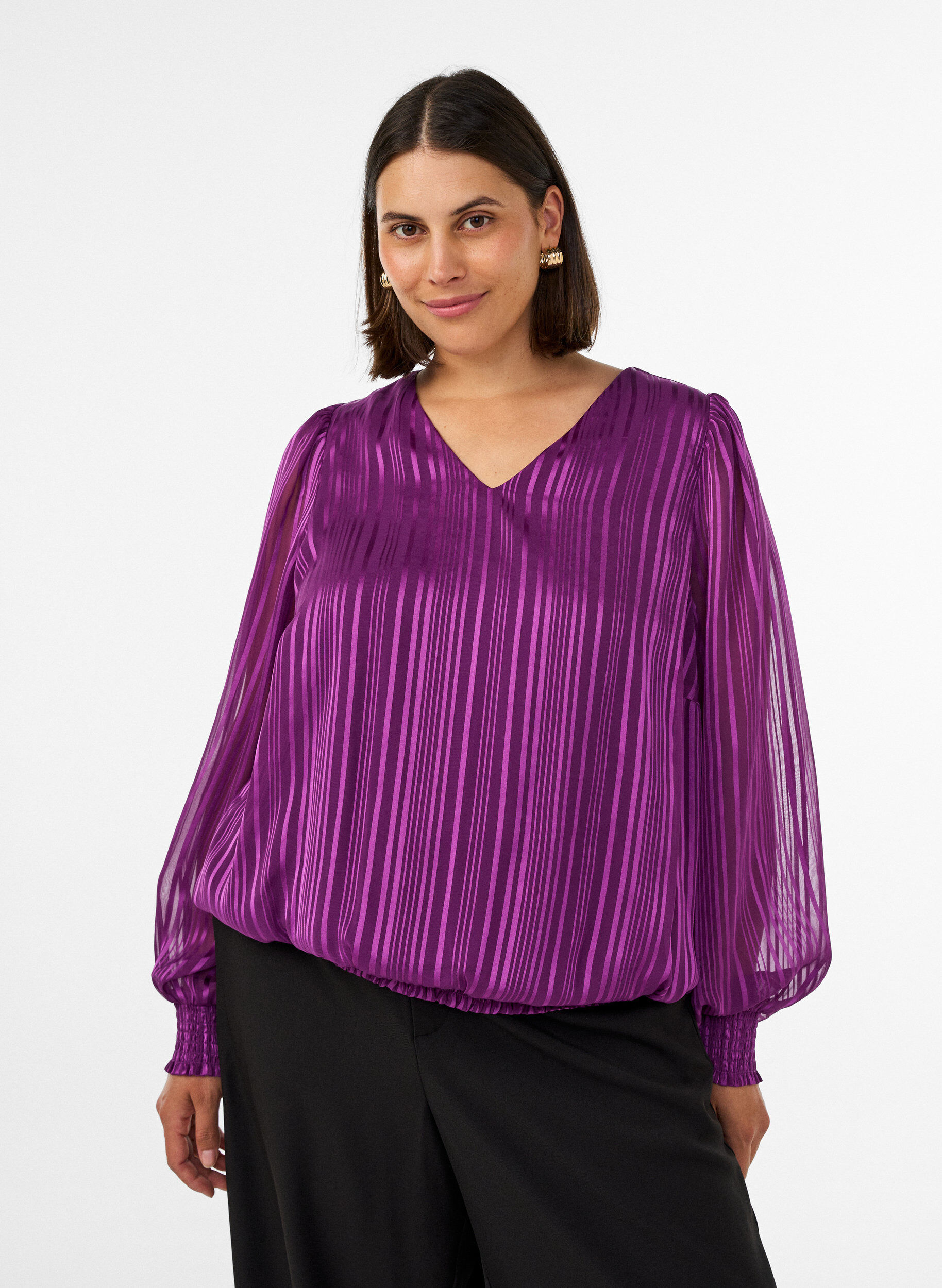 Blouse &agrave; rayures avec coupe ballon, Violet, Model