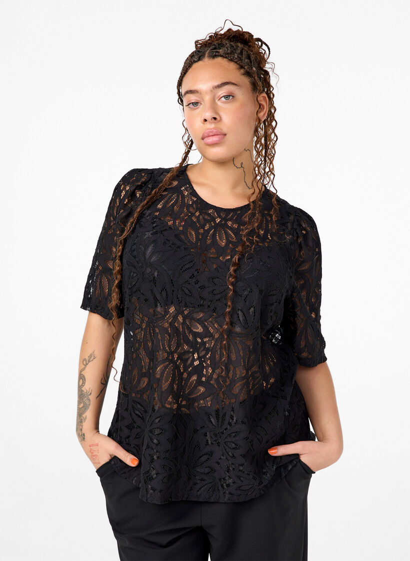 Kanten blouse met korte mouwen, Black, Model image number 0