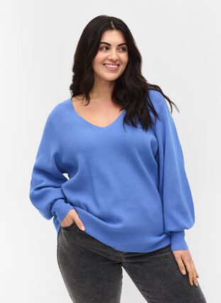 Pull en tricot à col en V et manches ballon, Ultramarine Mel, Model image number 0