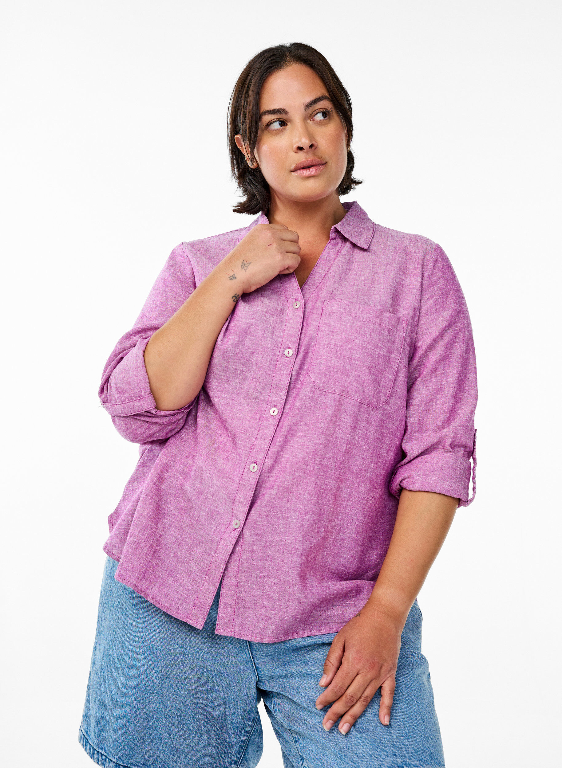 ZizziChemise en lin et viscose avec manches 3/4, Violet, Model image number 0