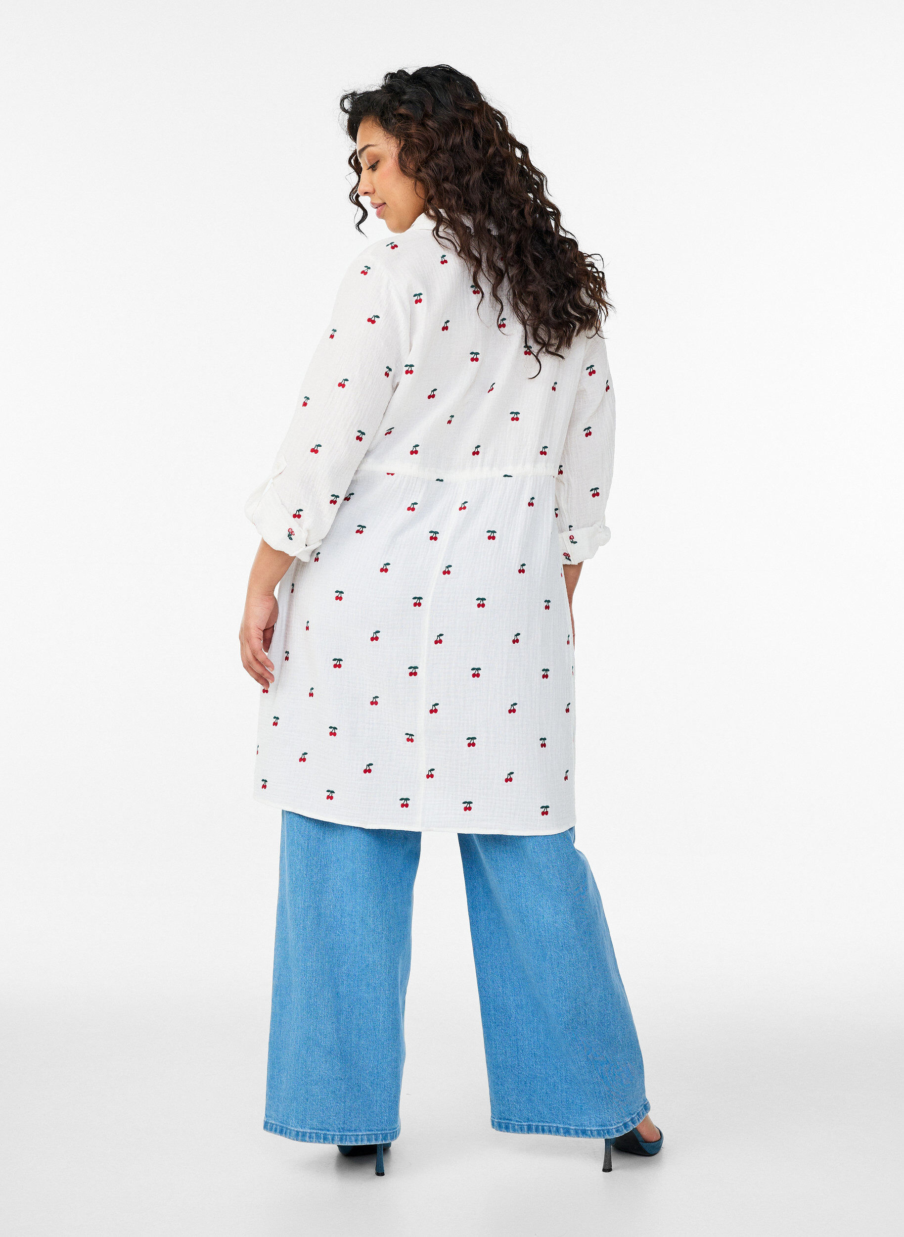 ZizziOverhemdjurk van katoenmuslin met geborduurde motieven, Vanille, Model image number 2