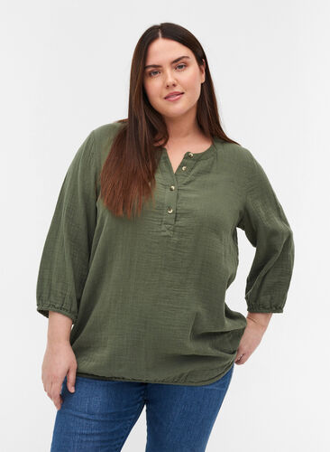 Katoenen blouse met knopen en 3/4-mouwen, Thyme, Model image number 0